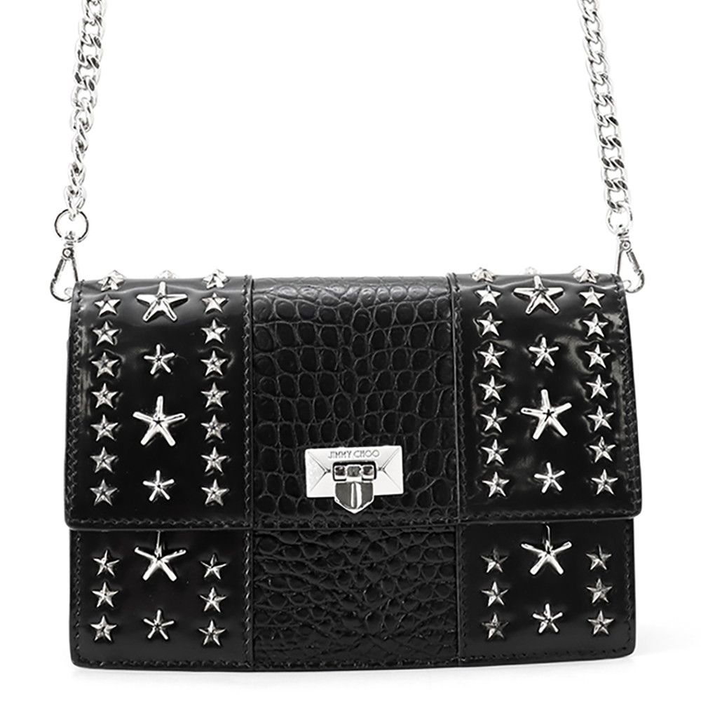 ジミーチュウ チェーンショルダーバッグ スタースタッズ ピクシス クロコ型押しレザー JIMMY CHOO 黒
