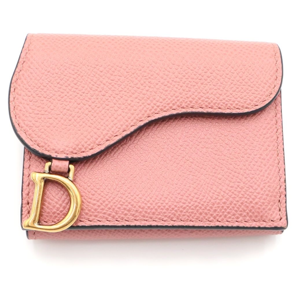 DIOR (ディオール) サドル レザー ロータスウォレット 三つ折り財布 コンパクトウォレット コインケース ピンク レザー ゴールド金具