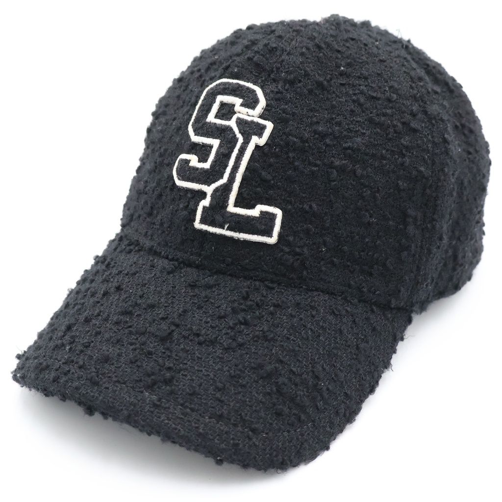 SAINT LAURENT PARIS (サンローランパリ) SLロゴ ツイード ウール キャップ ブラック
