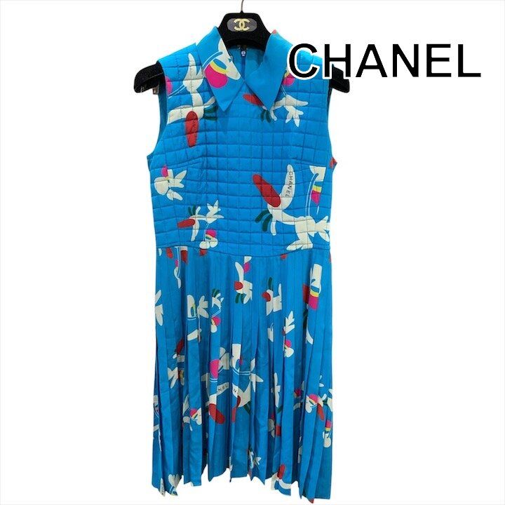 良品 CHANEL シャネル チョコバー 総柄 ノースリーブ シルク ワンピース レディース ブルー ブランド ファッション h822