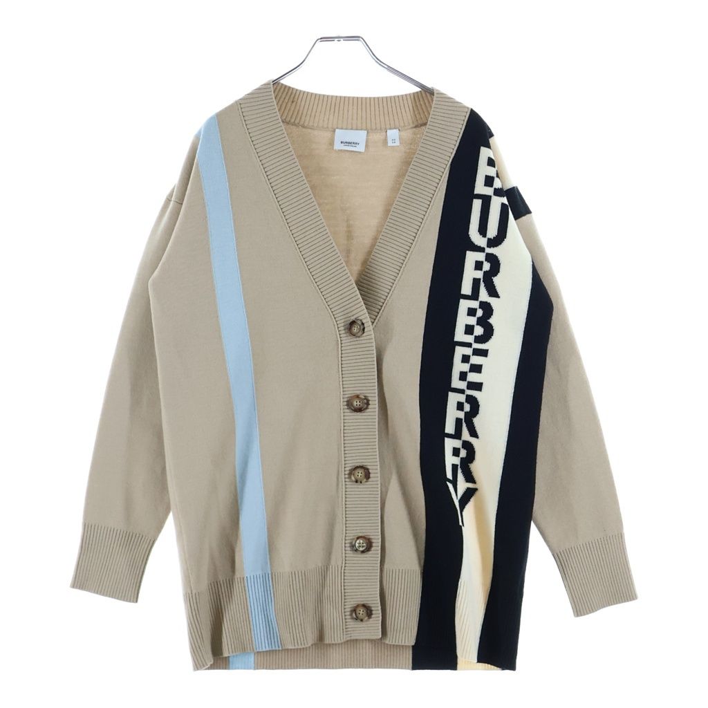 BURBERRY (バーバリー) ロゴジャガード ストライプ ウール ニット カーディガン ベージュ 8039184