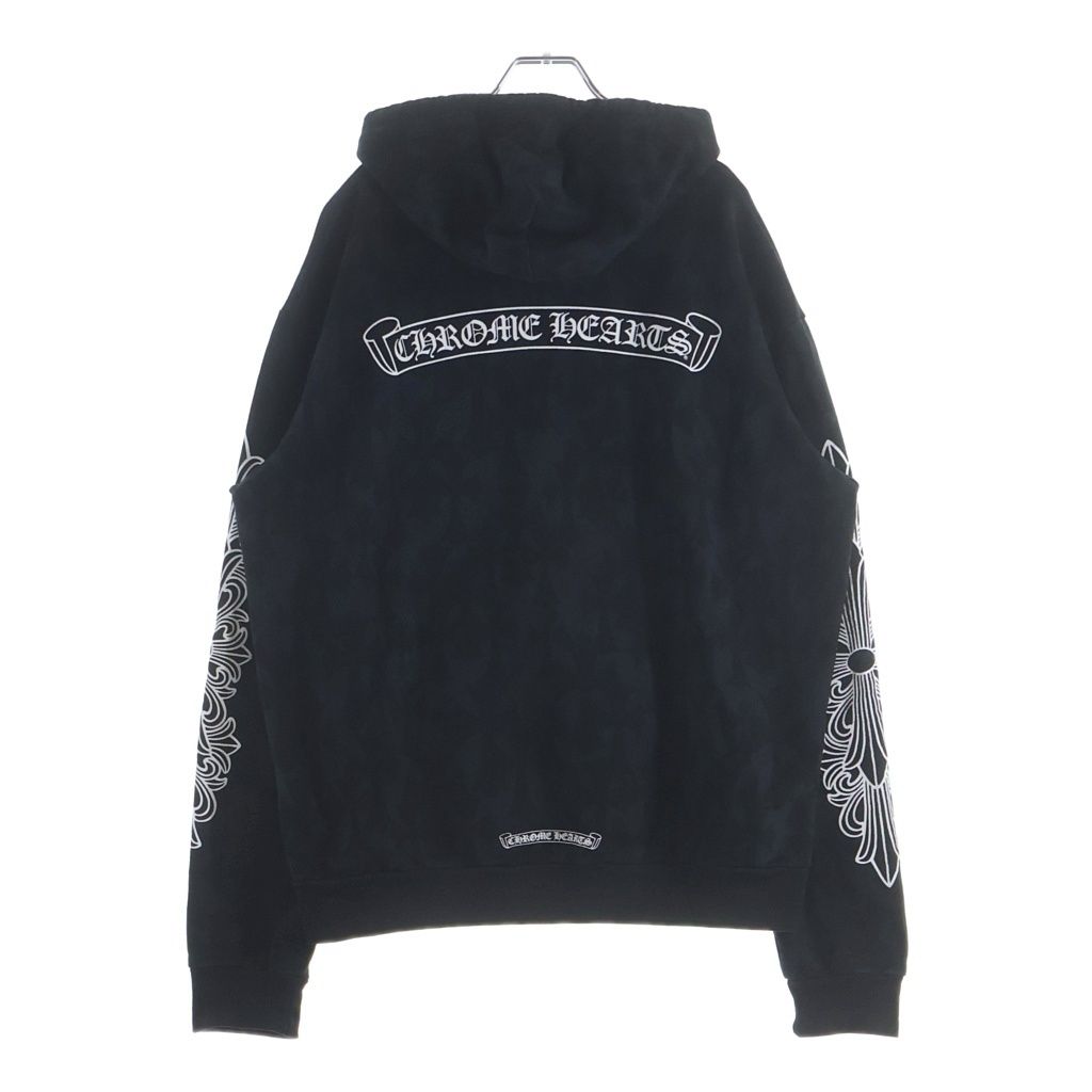 CHROME HEARTS (クロムハーツ) SWTSHRT PLVR 袖フローラルバックスクロールラベルプリントプルオーバーパーカー フーディー セメタリークロス総柄プリント ブラック