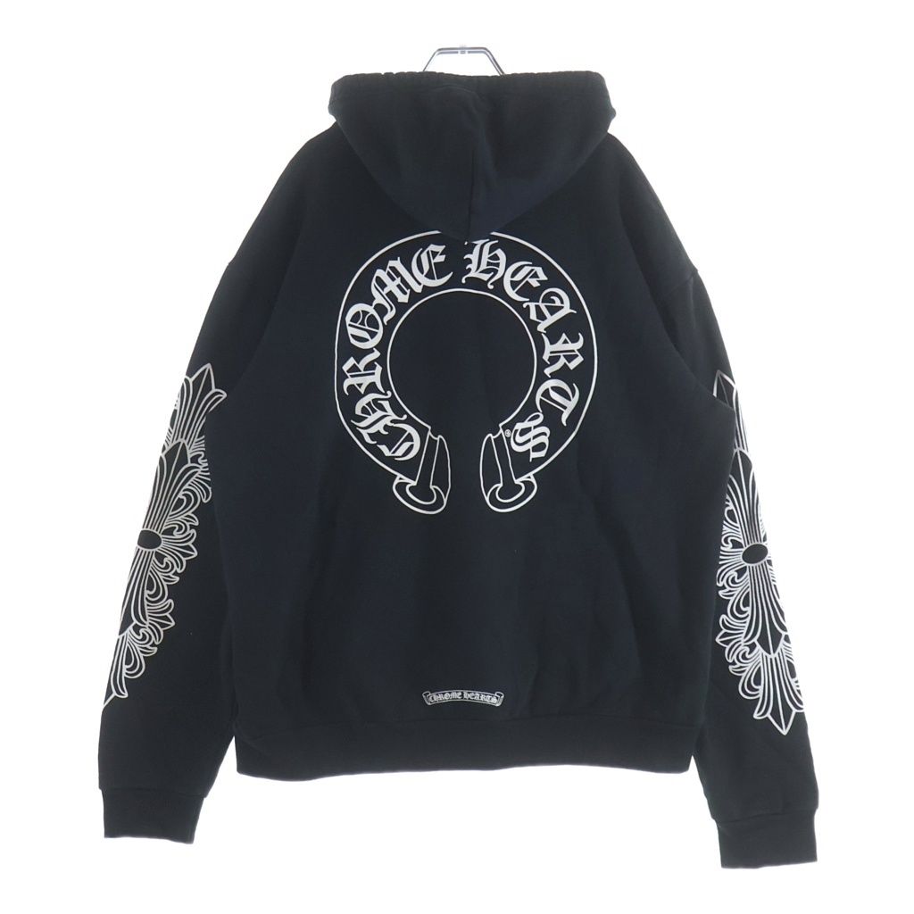 CHROME HEARTS (クロムハーツ) SWTSHRT PLVR 袖フローラルバックホースシュープリントプルオーバーパーカー フーディー ブラック