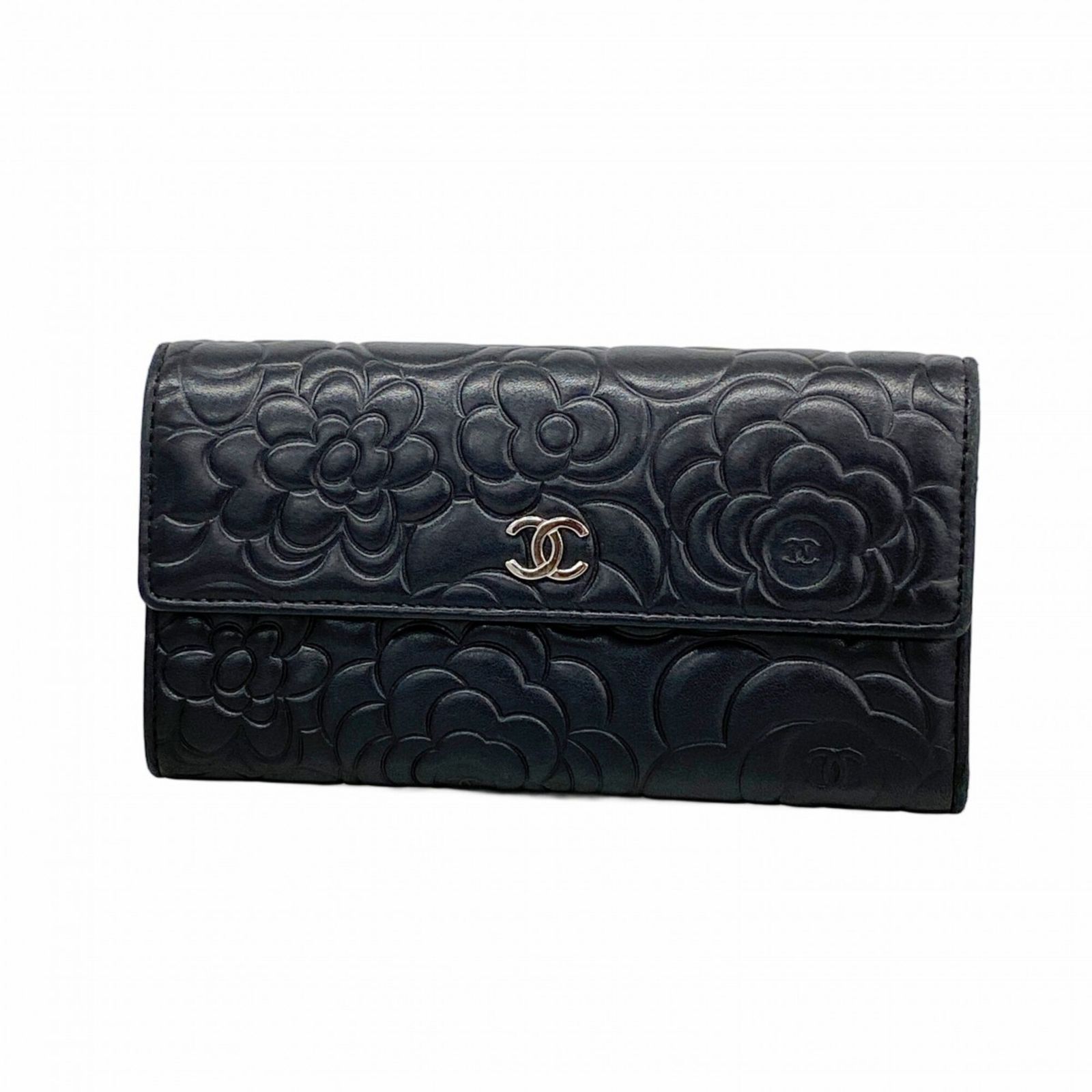 シャネル(Chanel) シャネル 長財布 カメリア ラムスキン ブラック レディース