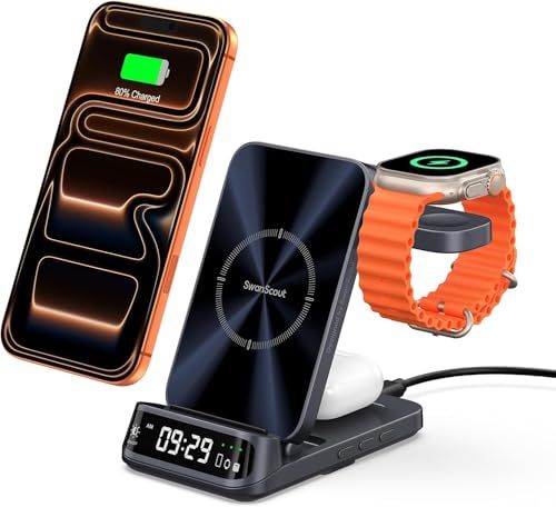 SwanScout 3in1 ワイヤレス充電器、iPhone 充電スタンド、折りたたみ式、置くだけ、iPhone 17/16/15/14/13/12シリーズに対応、 Apple Watch、AirPodsに対応（アダプター別売り)、SwanS 9fcc5627