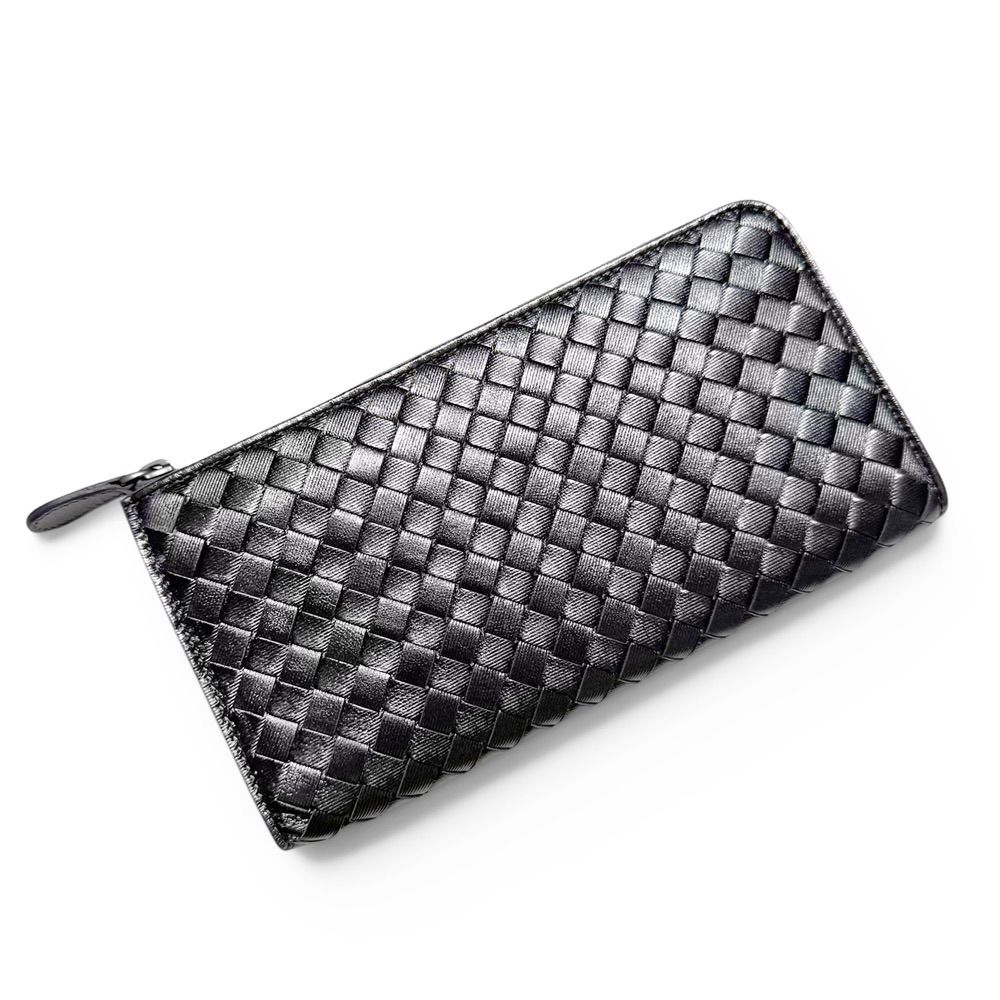 【未使用・保管品】ボッテガ ヴェネタ BOTTEGA VENETA ラウンド L字 ファスナー ラウンド 長財布 イントレチャート メタリック グレー 箱付