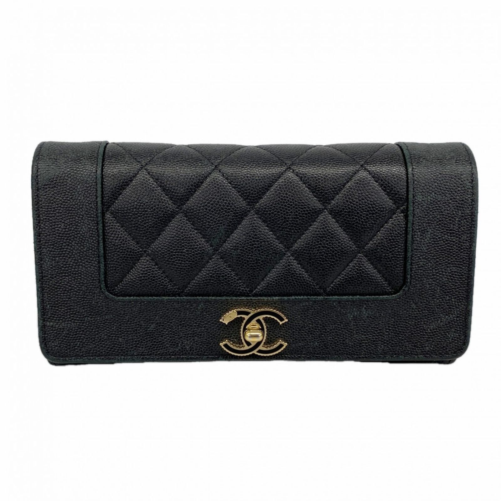 シャネル(Chanel) シャネル 長財布 マドモアゼル キャビアスキン ブラック シャンパンレディース