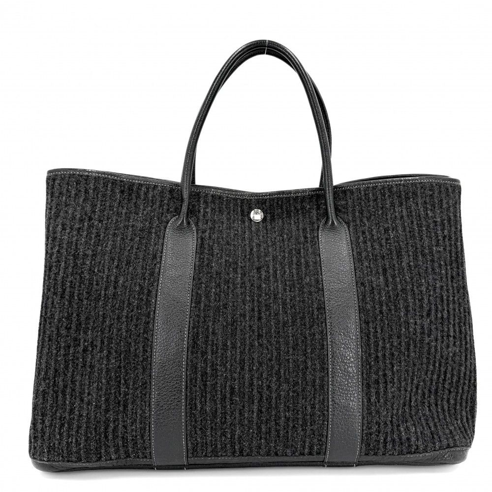エルメス ハンドバッグ レディース プリーツ ガーデンパーティGM 43 トートバッグ 肩掛け HERMES □J刻印 フェルト レザー ブラック 黒 シルバー金具 2006年【中古品】