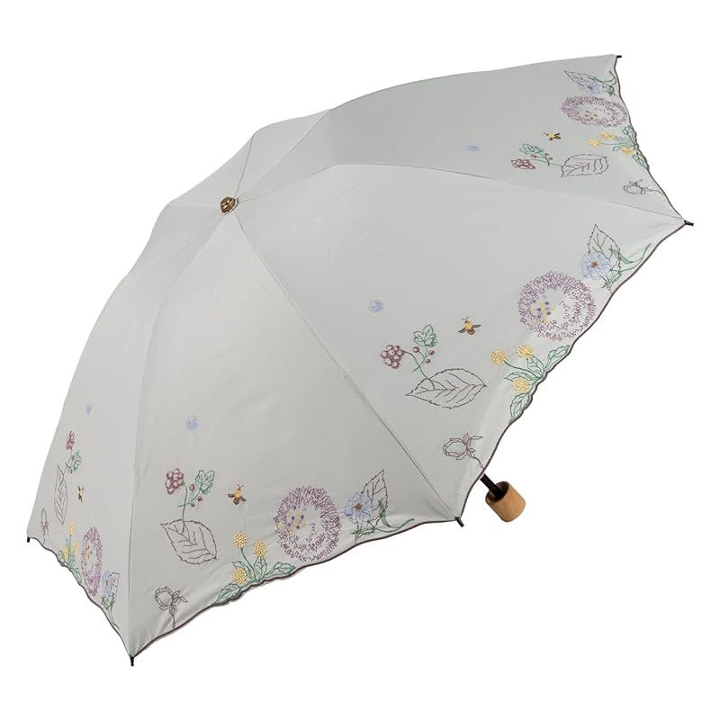 【新品】 [シノワズリーモダン]日傘 晴雨兼用 折りたたみ 軽量 3段ミニ レディース 刺繍 ボタニカル柄 外袋付き 母の日 ギフト (ライトグレー)