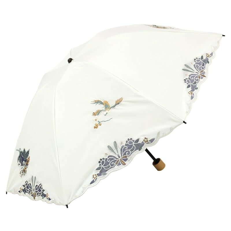 【新品】 [シノワズリーモダン]日傘 折りたたみ レディース１級遮光 UVカット 晴雨兼用 カットワーク刺繍 オーガンジー 3段折りたたみ 軽量 花鳥刺繍 (ホワイト)