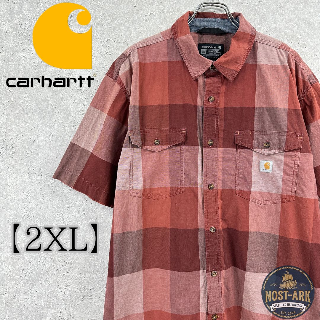 T10【Carhartt】レッド チェック柄 ワークシャツ〔2XL〕