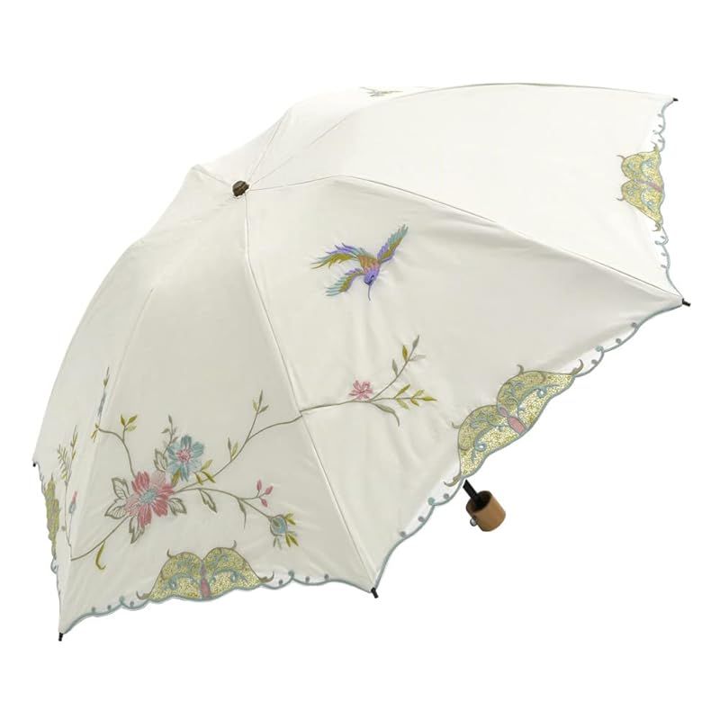 【新品】 [シノワズリーモダン]日傘 折りたたみ 1級遮光 UVカット 晴雨兼用 軽量 花鳥刺繍 (ホワイト×ピンク)