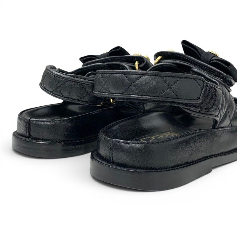 CHANEL ブラックレザー ミュール リボン付き シャネル ブラック レザーサンダル 中ヒール リボン付き 22.5㎝ 【公式