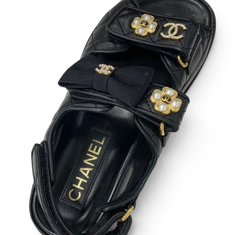 CHANEL ブラックレザー ミュール リボン付き シャネル ブラック レザーサンダル 中ヒール リボン付き 22.5㎝ 【公式