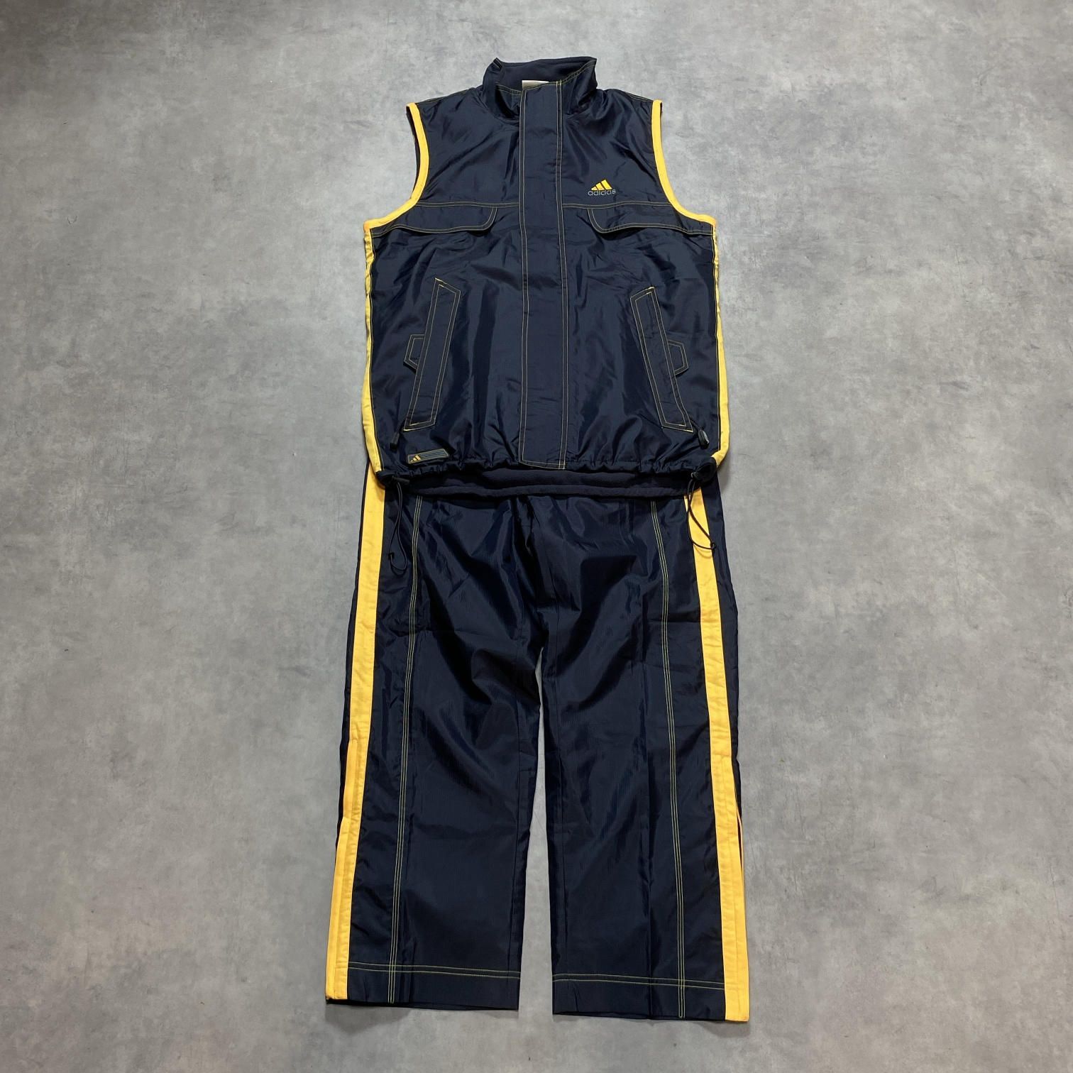 HQ195◇adidas : 90’s‐00’s ナイロン セットアップ◇Ｍ◇ネイビー系 アディダス ナイロンベスト ナイロンパンツ 万国旗タグ