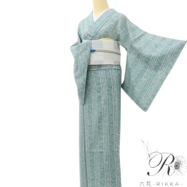 小紋　フルセット　洗える着物　青　白花　トールサイズ　R6 六花-RIKKA- 美品 洗える夏着物 誂えポリエステル トールサイズ 絽❀縞