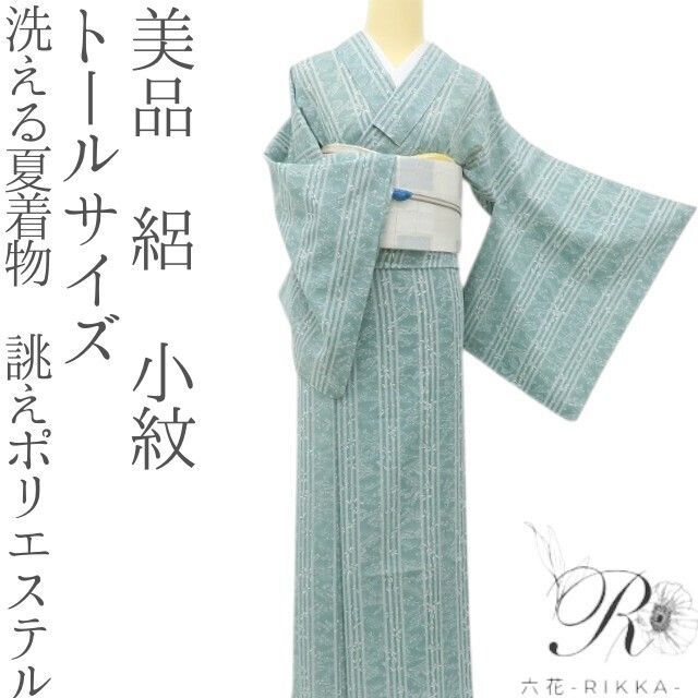六花-RIKKA- 美品 洗える夏着物 誂えポリエステル トールサイズ 絽❀縞間に遊ぶ白蘭❀小紋 着物 A5355