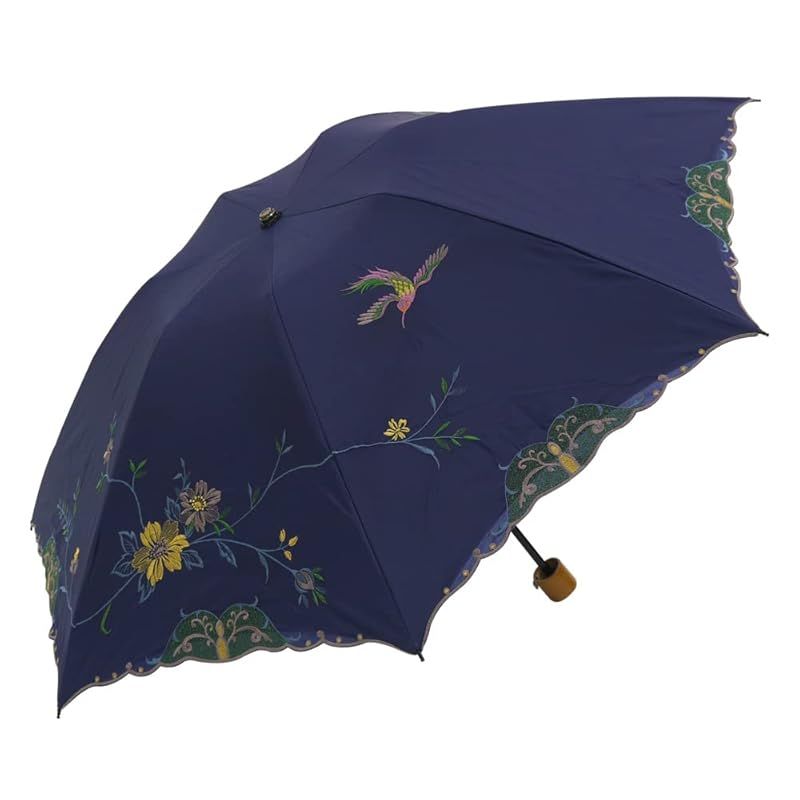 【新品】 [シノワズリーモダン]日傘 折りたたみ １級遮光 UVカット 晴雨兼用 軽量 花鳥刺繍 (ネイビー)
