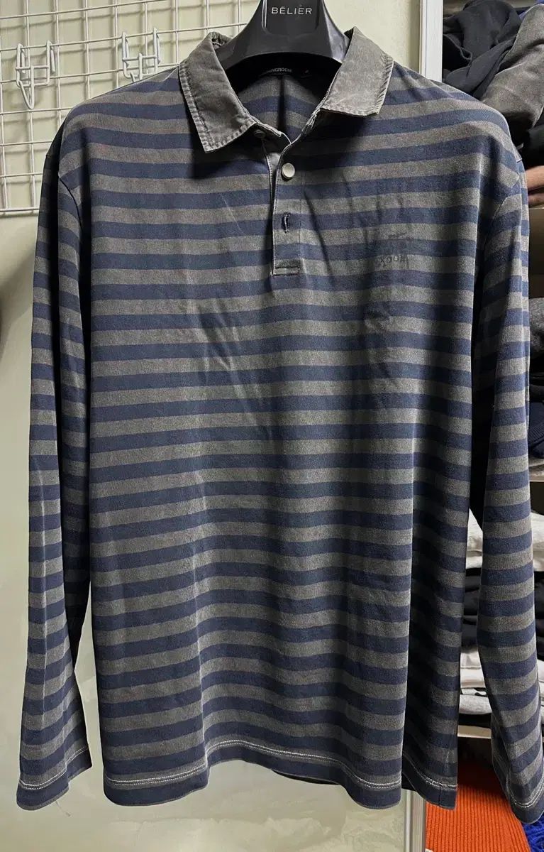 Hatchingroom ロングスリーブ VTG ストライプ ポロ Tシャツ Dyed Blue (5)