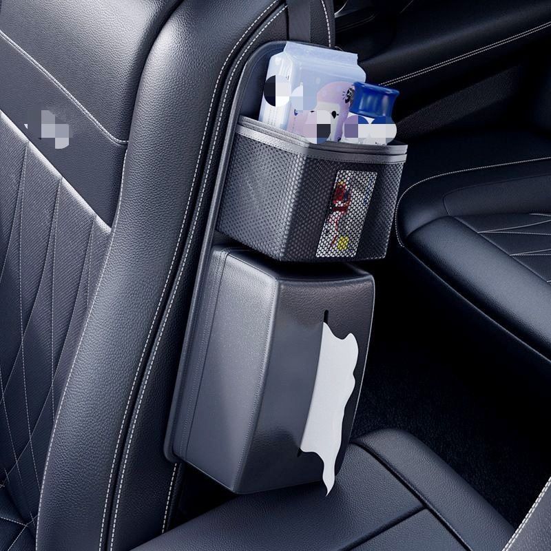 【送料無料】Universal(全車種対応)用車載ティッシュケースシートサイド掛け式多機能収納ポケット高級レザー製ブラック簡単取付車内整理小物入れスマホ収納スタイリッシュドレスアップ収納力抜群おすすめアクセサリー