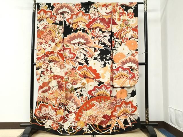 平和屋本店●アンティーク　大正ロマン　振袖　駒刺繍　檜扇吉祥松竹梅花文　黒地　金彩　正絹　逸品　CABG0576yc