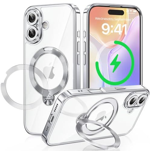 iPhone 17 用 ケース MagSafe対応 光沢CD紋様リング 360°定点回転スタンド 縦横両対応 マグセーフ対応 メッキバンパー キラキラ 背面クリア 精密開口レンズ保護 いphone 17 用 ケース Gunwon スマホケース c4944371