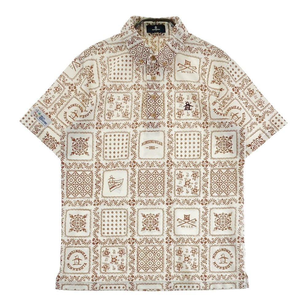 サイズ：M MUNSING WEAR マンシングウェア 半袖ポロシャツ ボタンダウン 総柄 ベージュ系 [240101698629] ゴルフウェア メンズ ストスト