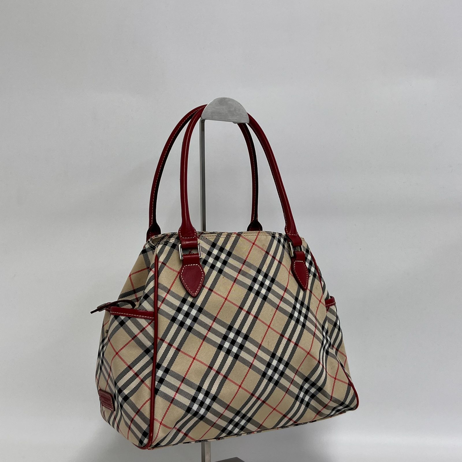 【良品】Burberry トートバッグ ノバチェック ハンドバッグ レッド(0140)