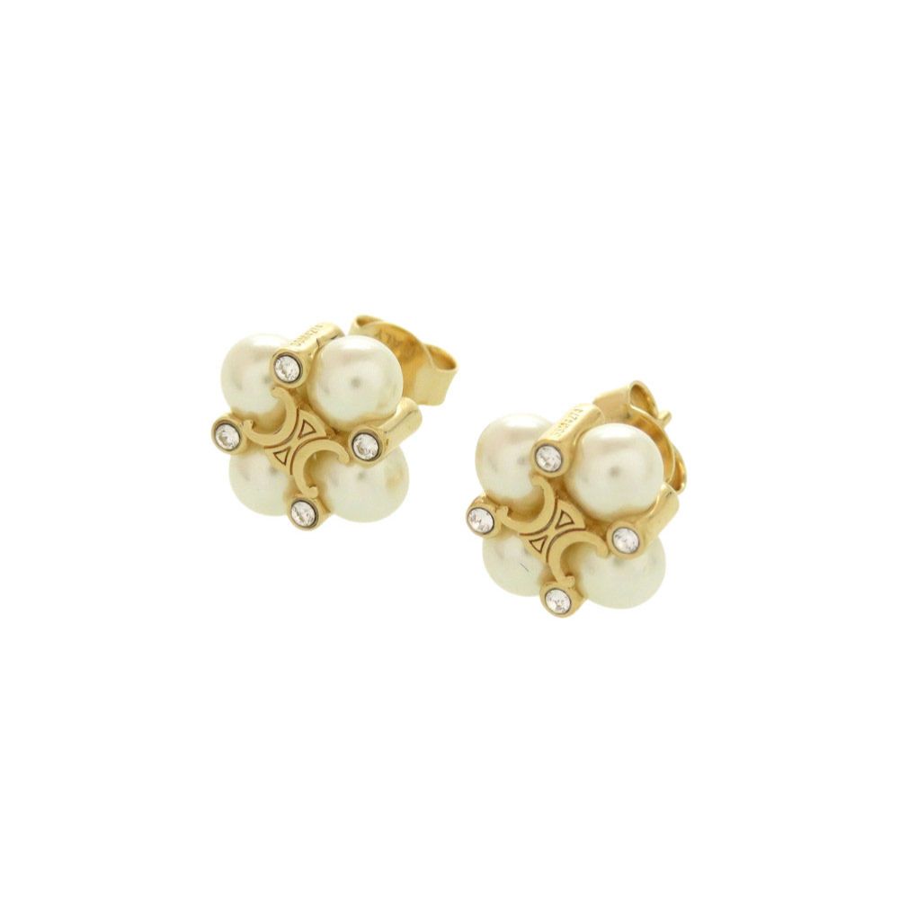 新品同様 セリーヌ トリオンフ フェイクパール ストーン ゴールド ピアス アクセサリー 1555 CELINE