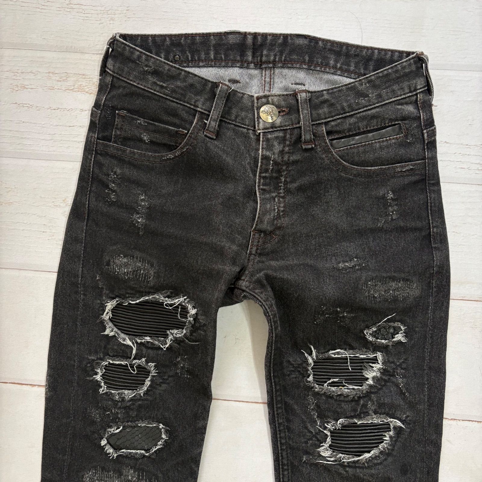 14th Addiction クラッシュ デニム パンツ スキニー ダメージ加工