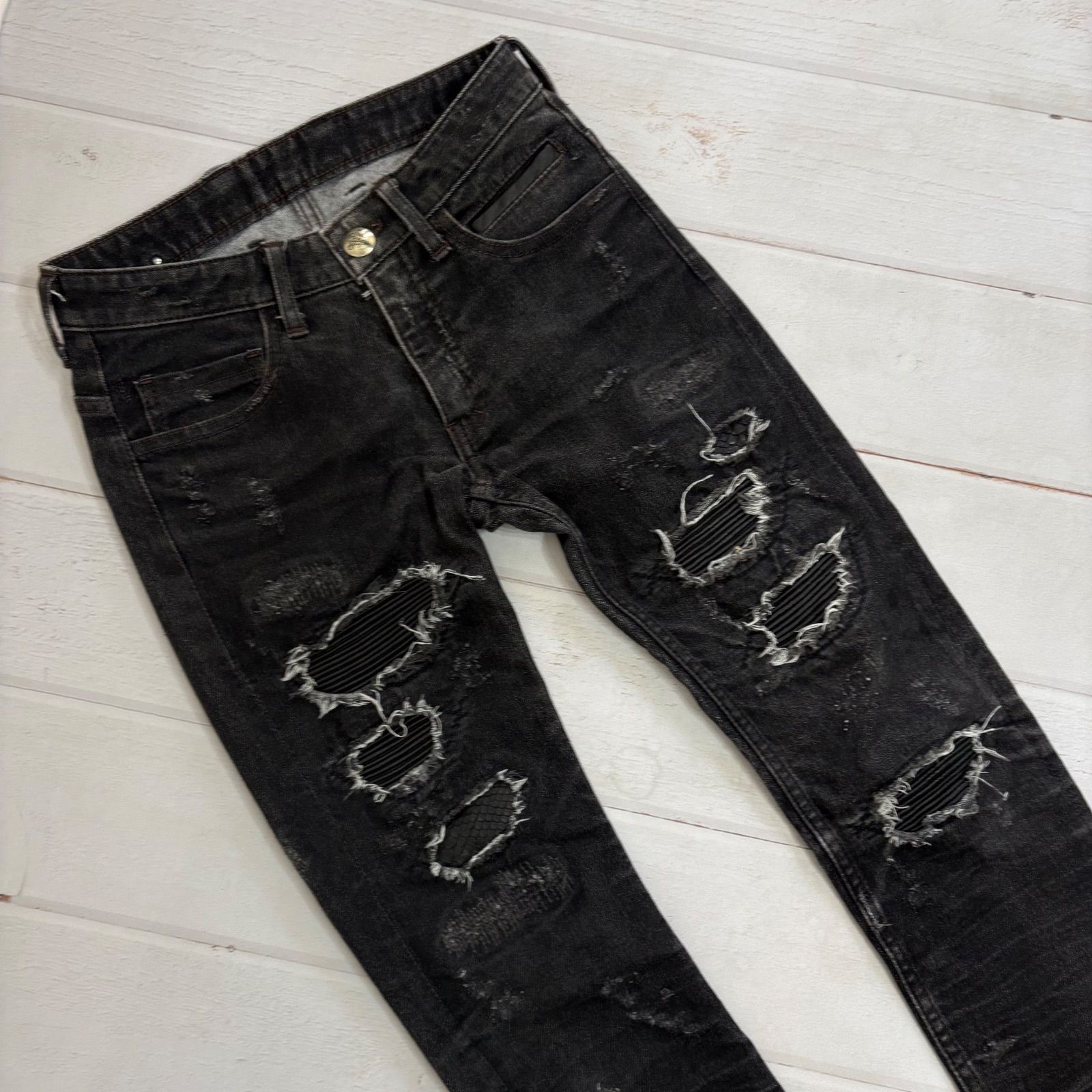 14th Addiction クラッシュ デニム パンツ スキニー ダメージ加工