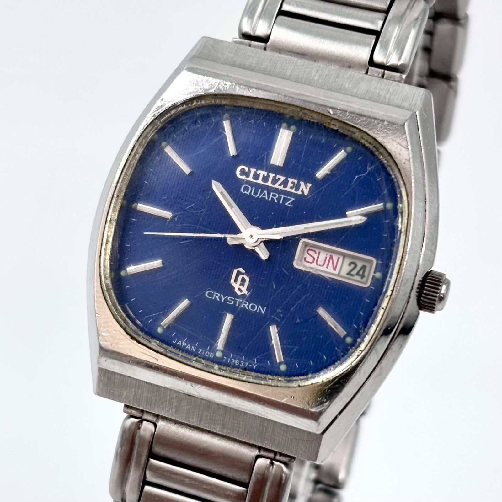 【稼働/新品電池】CITIZEN/シチズン CRYSTRON/クリストロン 腕時計 ブルーストライプ文字盤 デイデイト 初期型 1978年11月製造 japan vintage