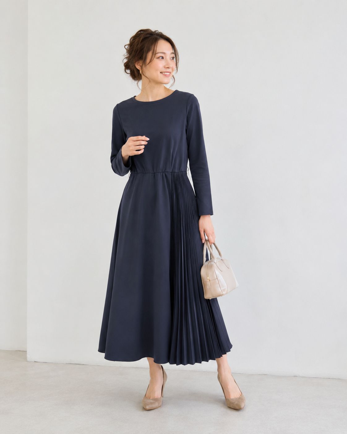 weekend MaxMara マックスマーラ☆プリーツ切替 大人上品ワンピース ネイビー 美シルエット ロング フレア