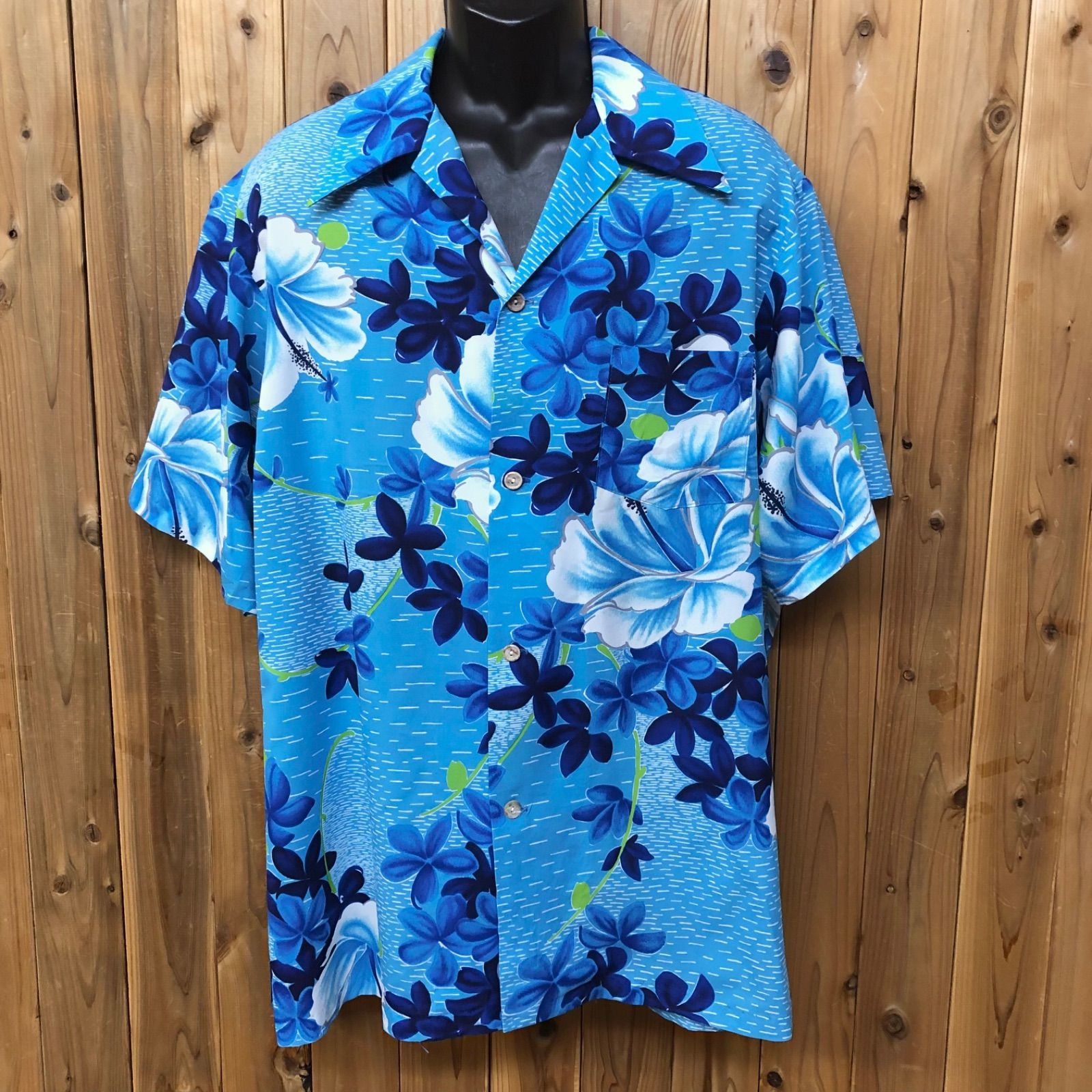 70's Penneys HAWAII ペニーズ・ハワイ メンズXXL アロハシャツ ハワイアンシャツ リゾートシャツ 花柄 ハイビスカス プルメリア ブルー 白タグ ヴィンテージ 古着