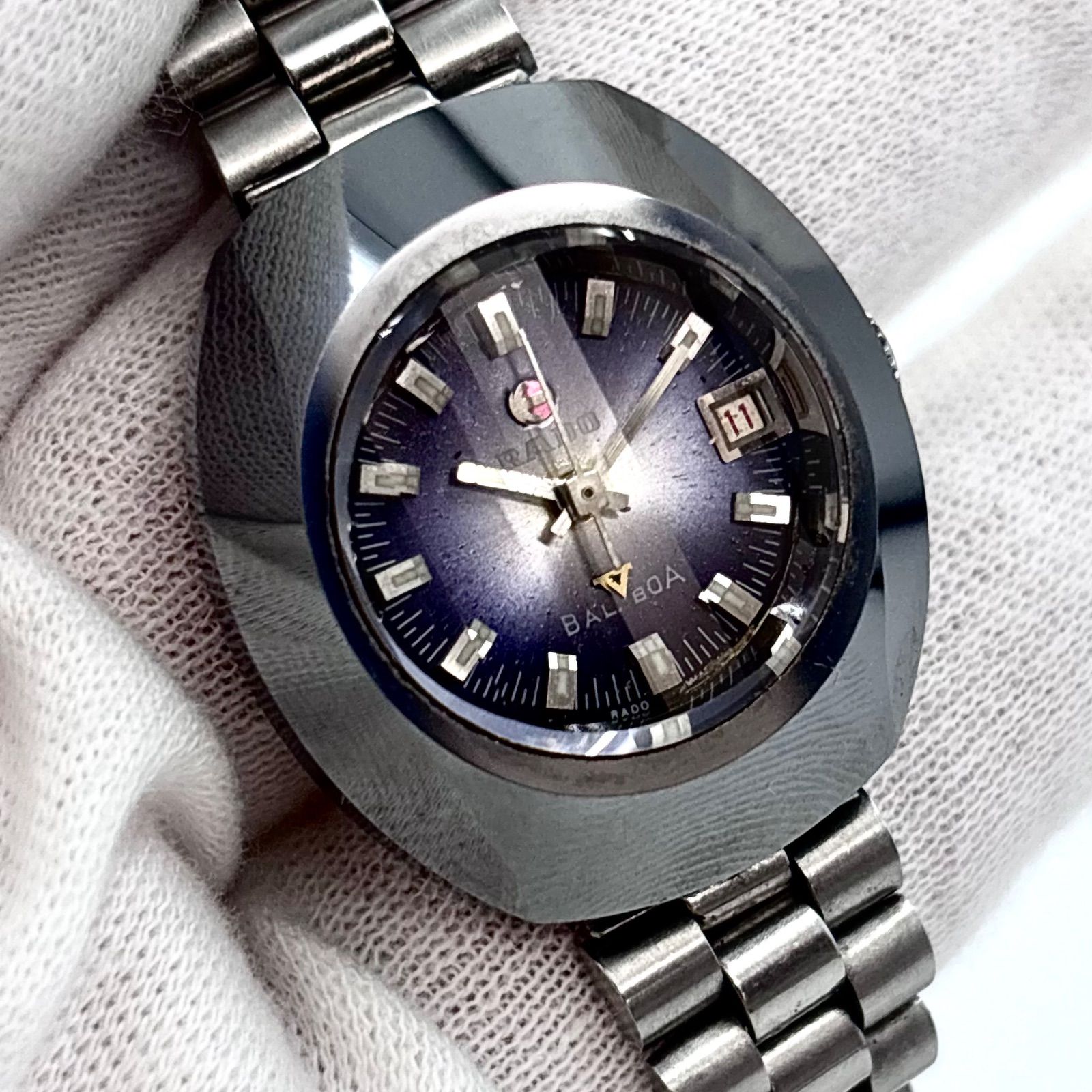 【稼働】RADO/ラドー BALVOA/バルボア 腕時計 自動巻き/AT 超硬ケース 5面カットガラス パープル文字盤 防水 vintage レディース