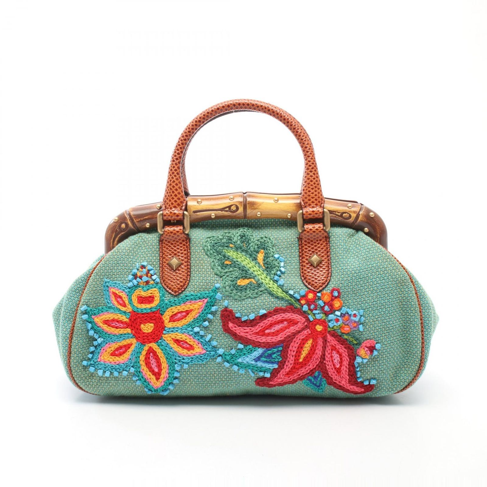 グッチ GUCCI ハンドバッグ バンブー フラワー刺繍 123241 グリーン/マルチカラー エキゾチックレザー バンブー フラワー刺繍 ハンド レディース Used B