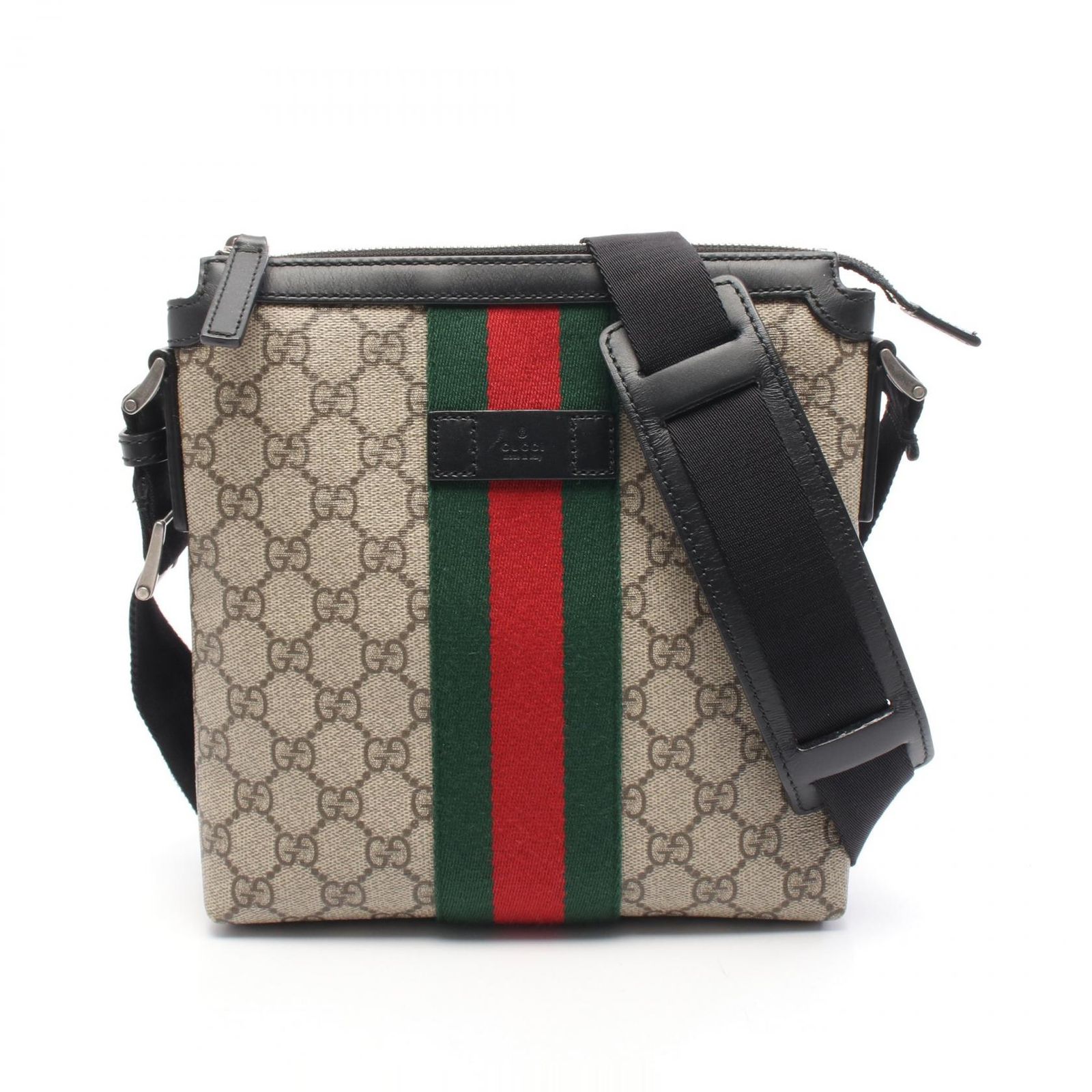 グッチ GUCCI ショルダーバッグ GGスプリーム ウェブストライプ フラットメッセンジャー 471454 ベージュ/ブラック PVCコーティングキャンバス レザー シェリーライン ショルダーバッグ