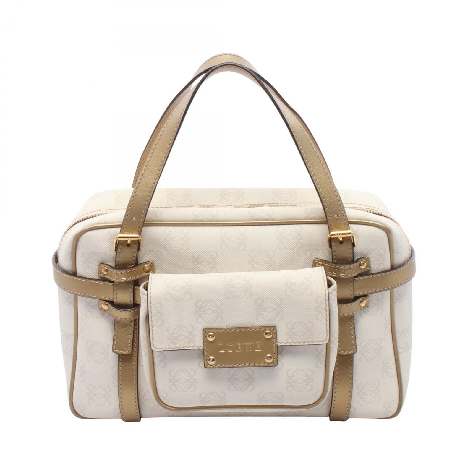 ロエベ LOEWE ハンドバッグ ロエベポケッツ ホワイト/ゴールド PVCコーティングキャンバス レザー リピートアナグラム ハンドバッグ レディース Used B