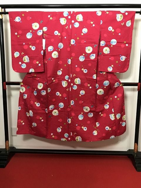 【中古】子供用 浴衣 綿 赤地に水玉模様