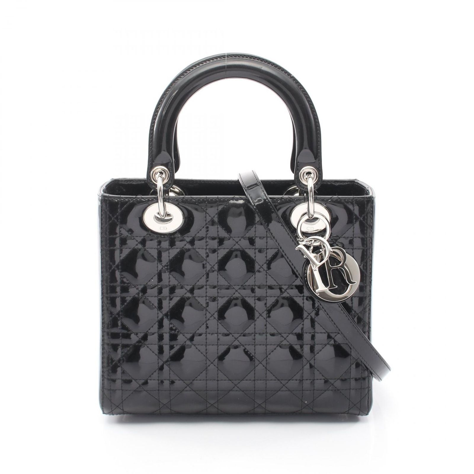クリスチャンディオール Christian Dior ハンドバッグ LADY DIOR レディディオール カナージュ 2WAY ブラック パテントレザー レディディオール カナージュ 2wayトート