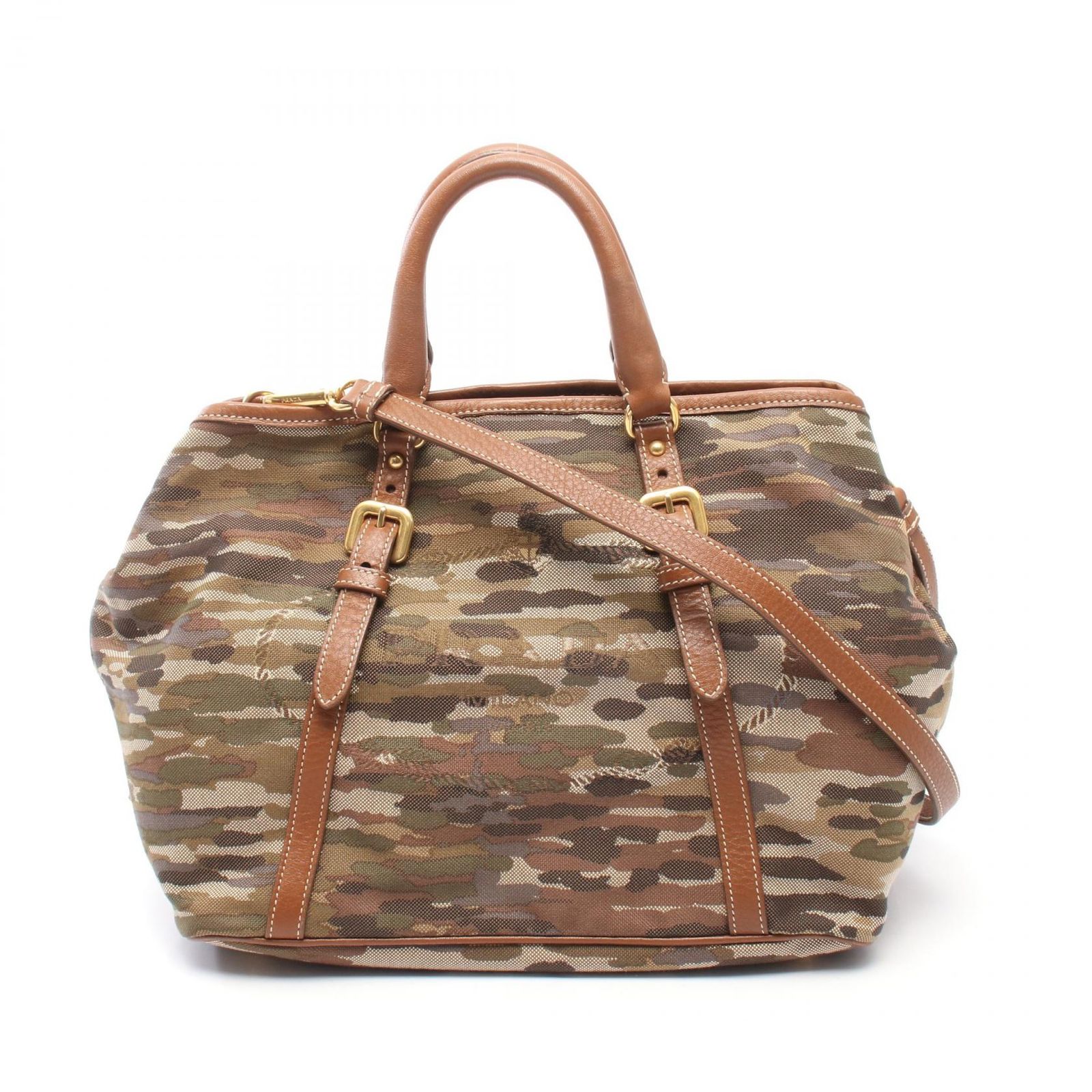 プラダ PRADA トートバッグ カモフラージュ 2WAY カーキ/ブラウン キャンバス レザー 2wayトート レディース Used B