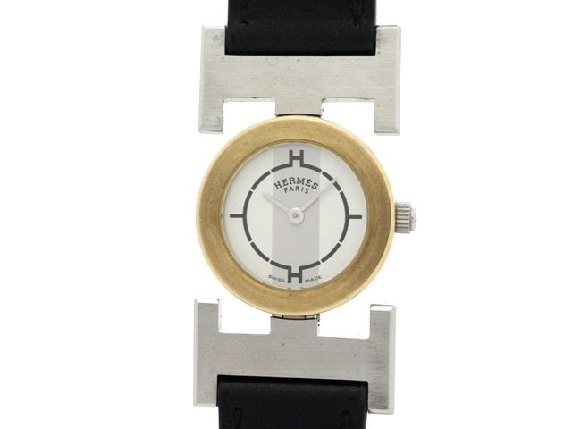 HERMES エルメス パプリカ PA1.220.230 腕時計 ステンレス/GP/カーフレザー　クオーツ ホワイト/グレー文字盤 レディース【中古】473