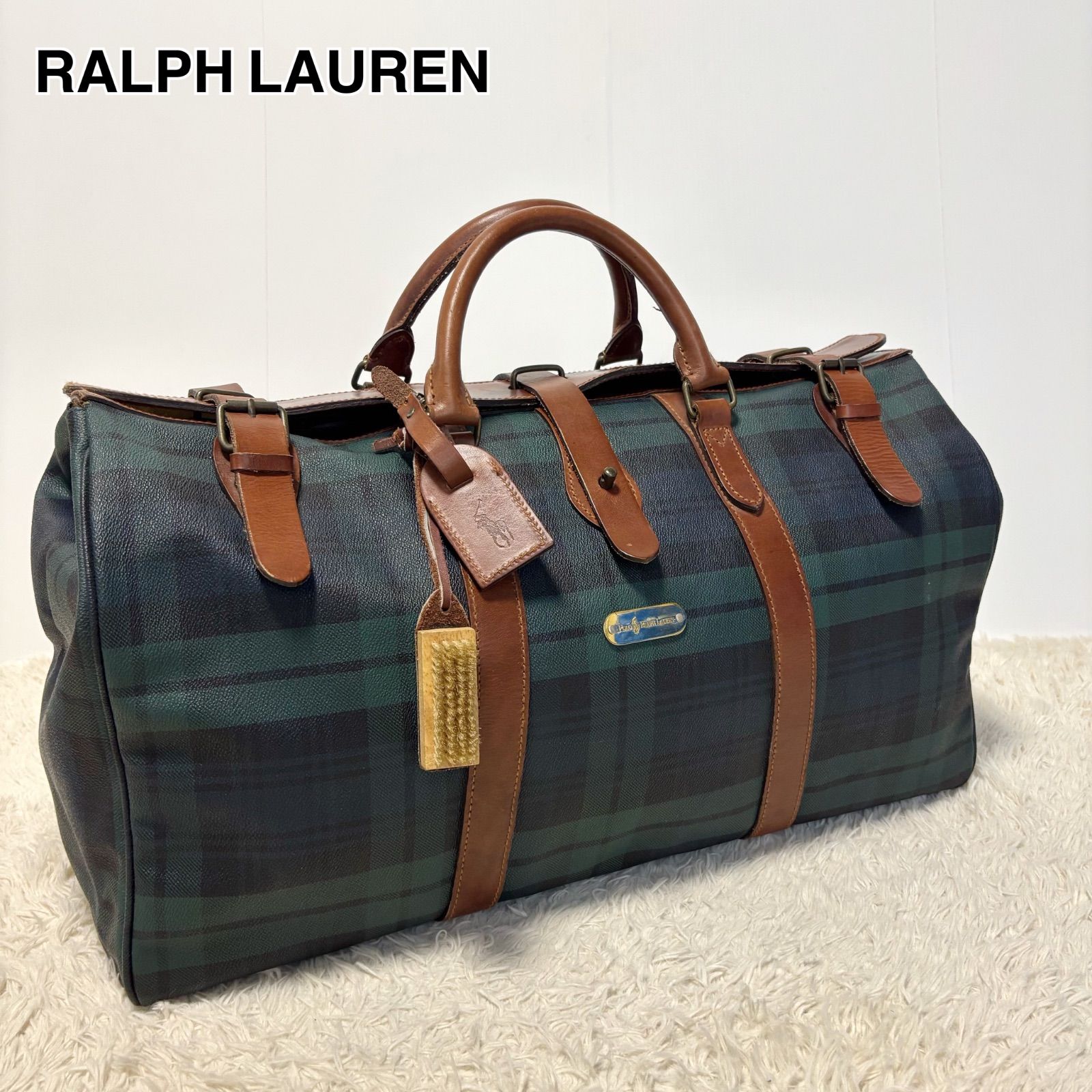 希少デザイン ポロラルフローレン PoloRalphLauren PVC レザー ボストンバッグ トラベルバッグ 旅行カバン 大容量 鞄 緑 グリーン 紺 ネイビー チェック ブラックウォッチ ブラシ ネームタグ ヴィンテージ