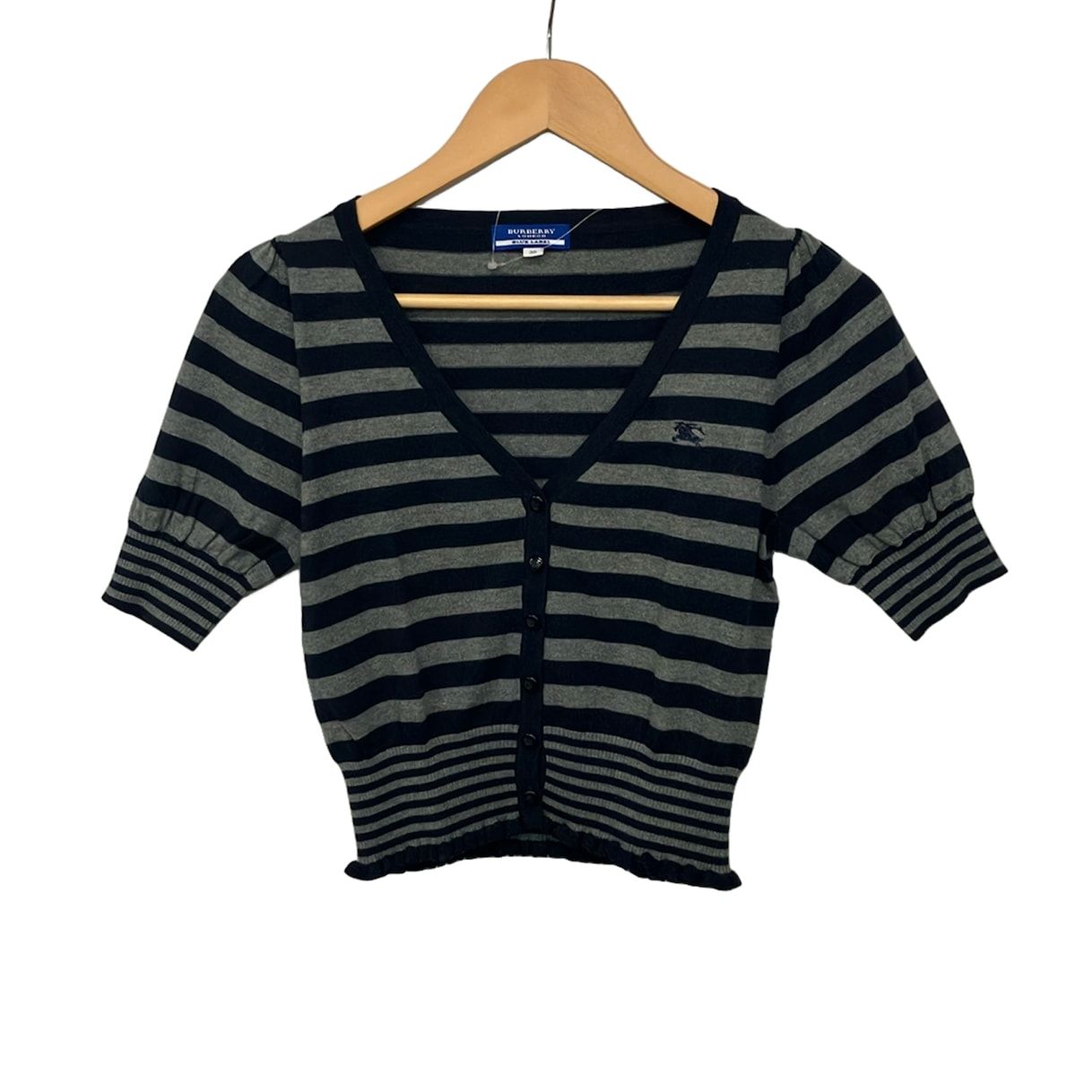 Burberry Blue Label(バーバリーブルーレーベル) カーディガン サイズ38 M レディース - グレー×ダークネイビー 半袖/ボーダー/裾フリル 7,600円