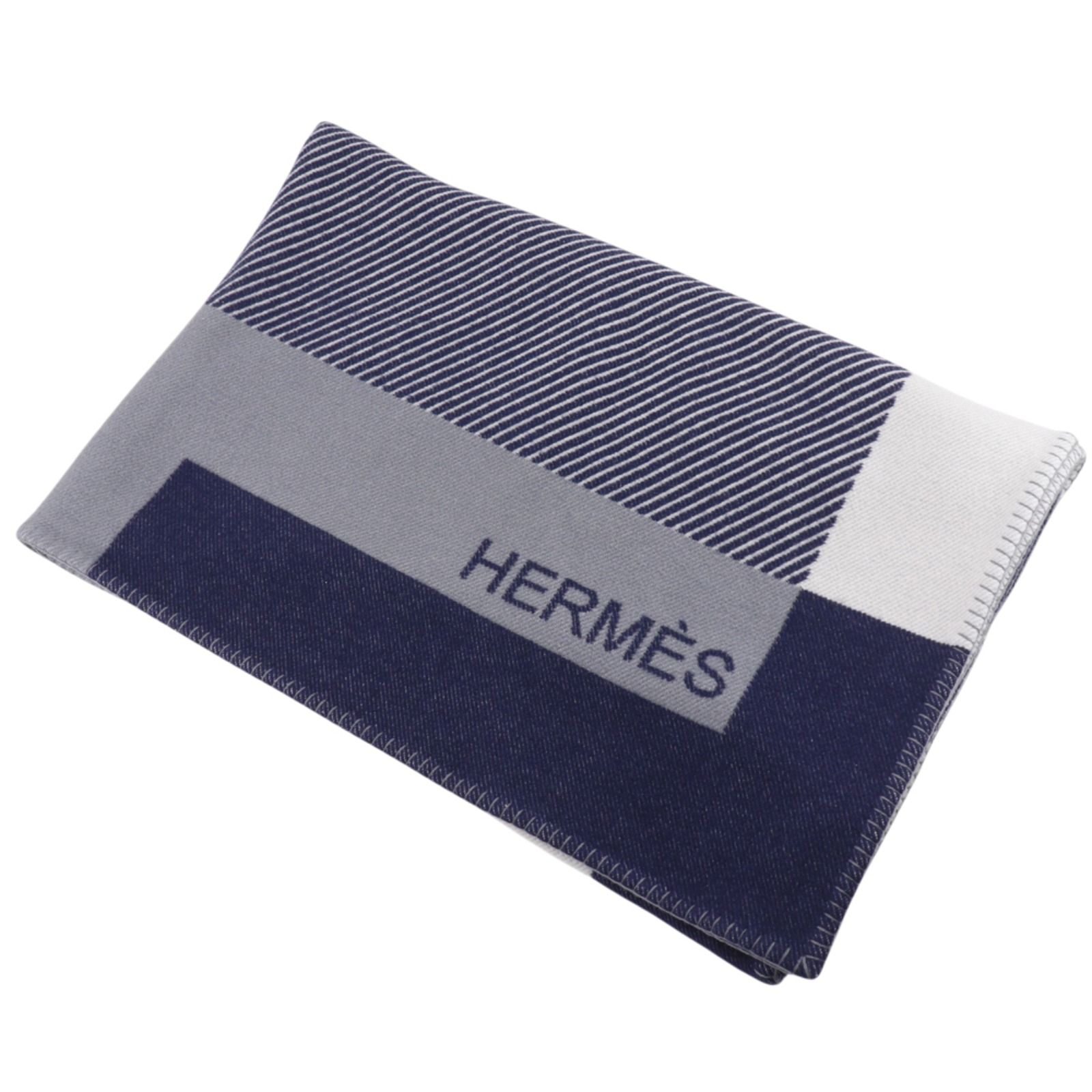 【HERMES】エルメス Hリヴィエラ 毛布 ウール×カシミヤ 紺/白 _ ブランケット
