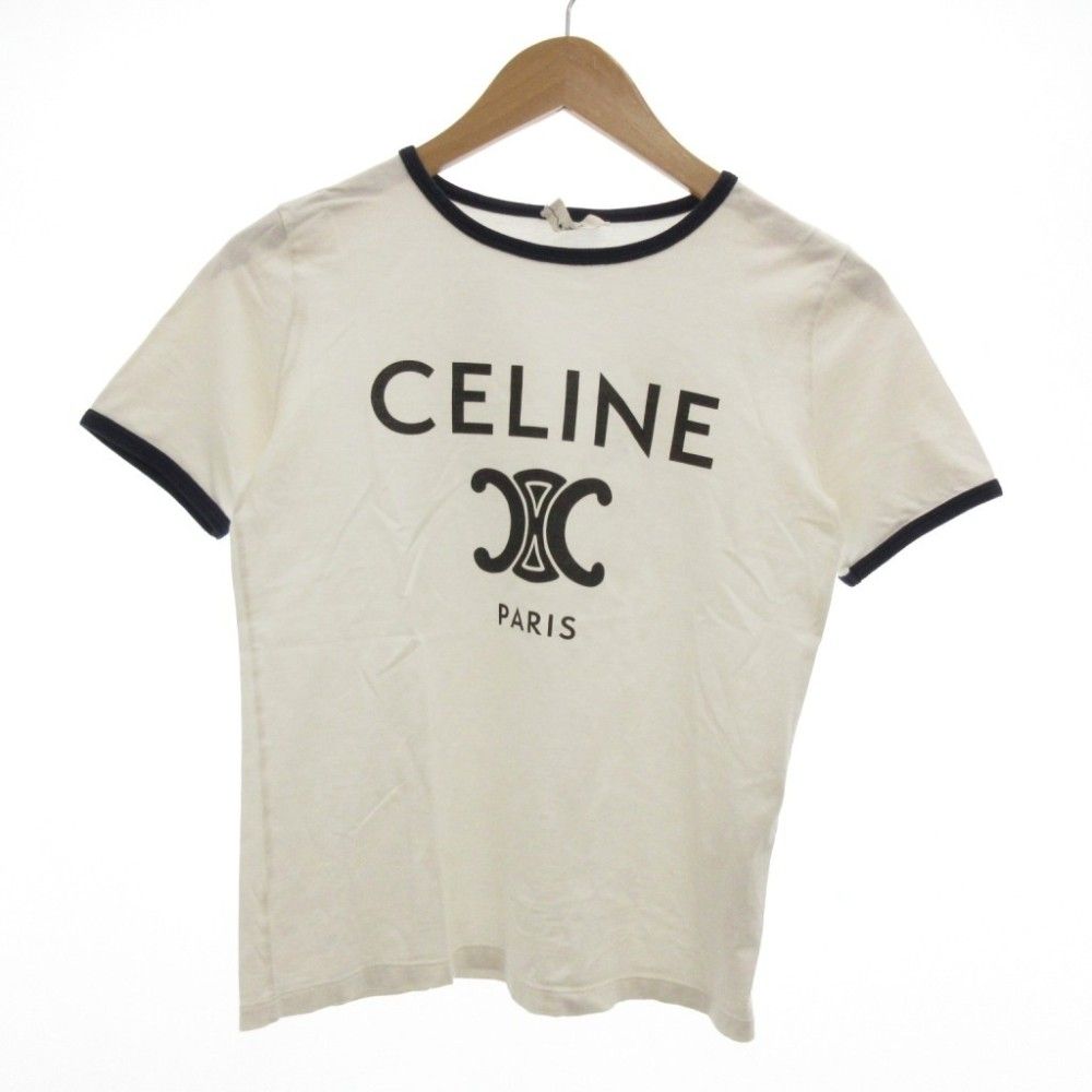 セリーヌ CELINE トリオンフ プリント Tシャツ コットンジャージー 半袖 XS オフホワイト /UO ■GY18