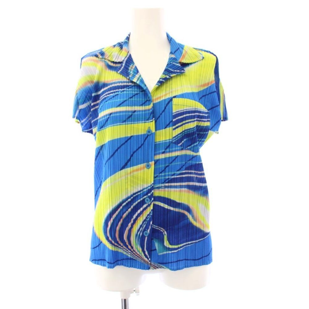 プリーツプリーズ PLEATS PLEASE イッセイミヤケ オープンカラーシャツ ブラウス 半袖 総柄 プリーツ 3 青 PP61-JJ723 /KH