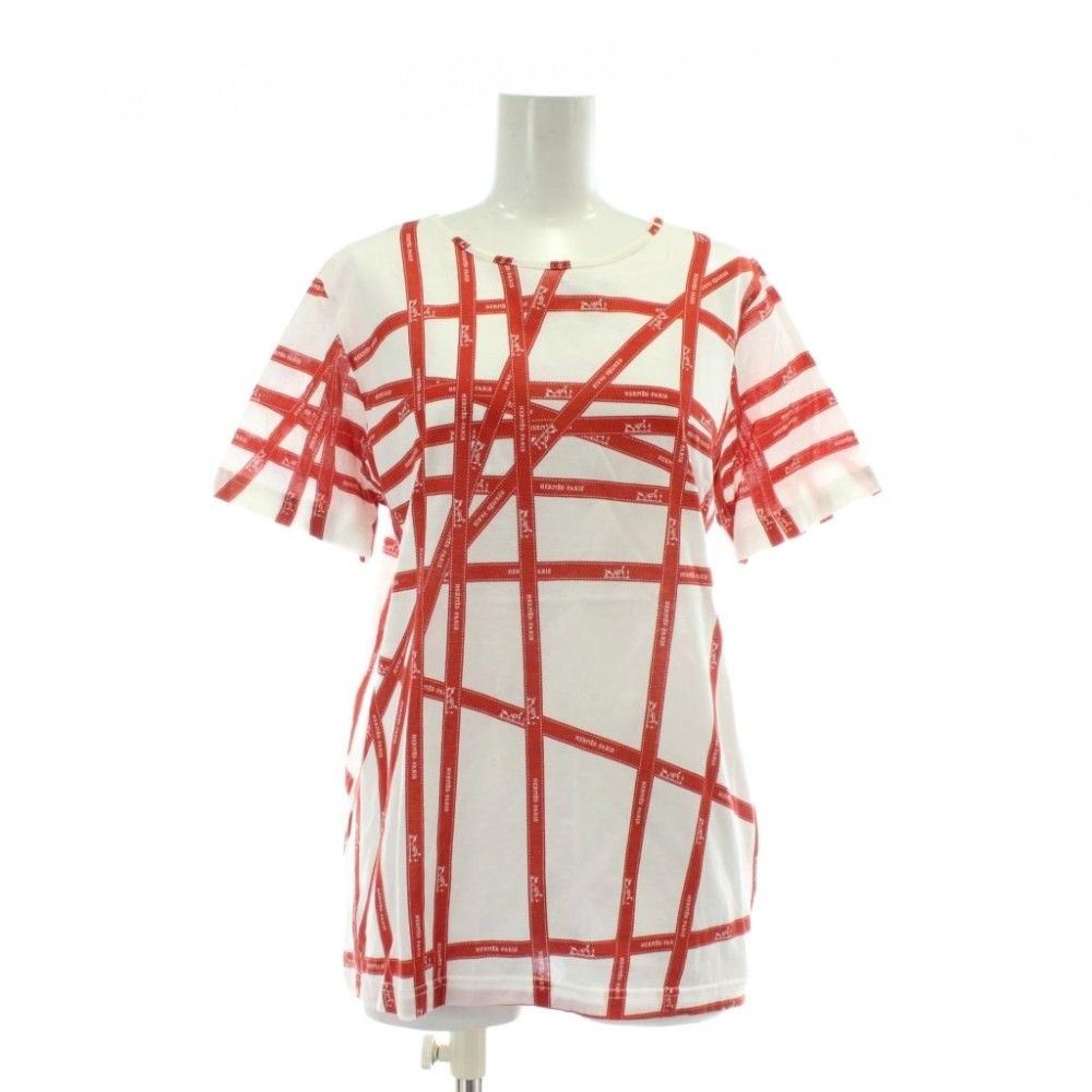エルメス HERMES マルジェラ期 ボルデュック Tシャツ カットソー 半袖 クルーネック リボン柄 ロゴ 総柄 L 白 ホワイト 赤 レッド /XZ ■GY18