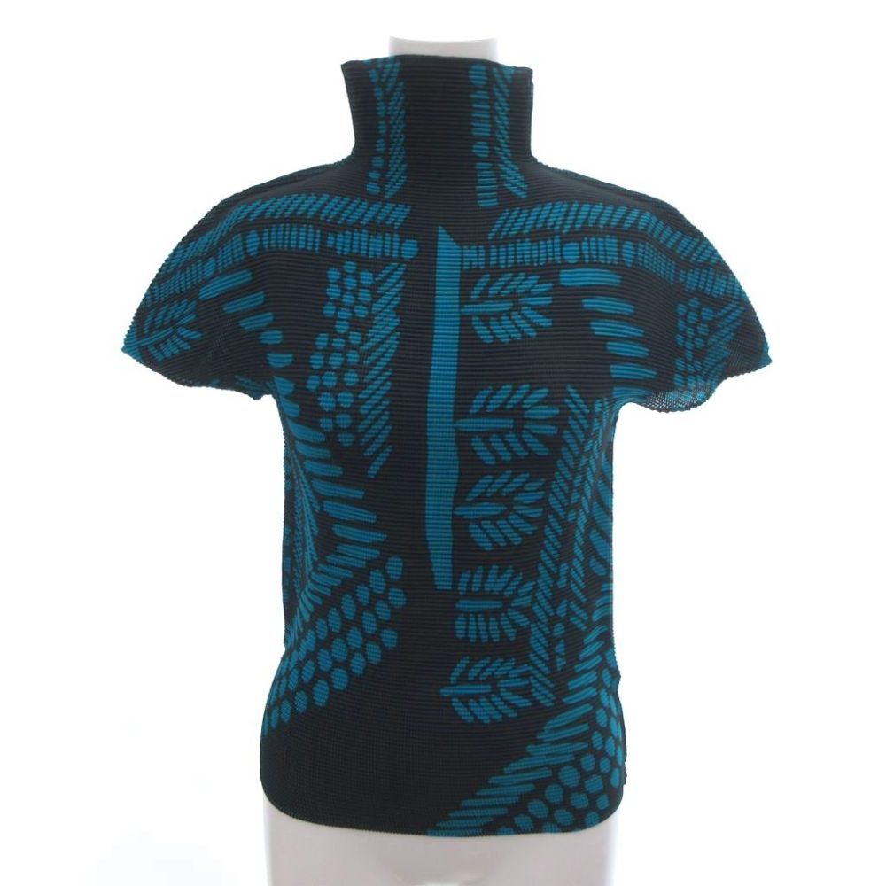 イッセイミヤケ ISSEY MIYAKE プリーツ カットソー Tシャツ 半袖 ハイネック 総柄 ボタニカル柄 黒 ブラック 青 ブルー ■GY18 /TZ