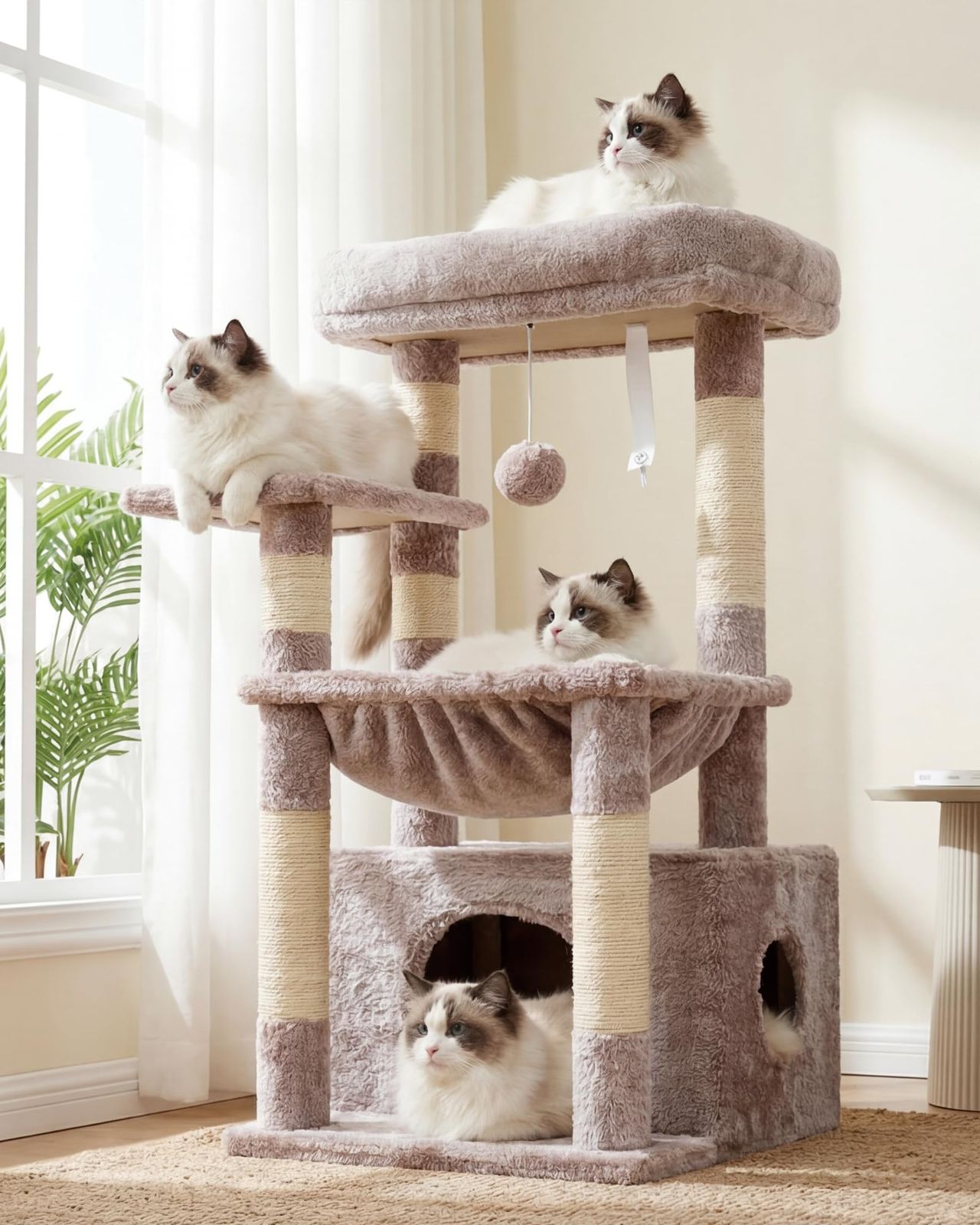 Heyblyキャットタワー 大型ふかふか猫バスケット 据え置きタイプ 省スペース 広め猫ハウス隠れ家 コンパクト猫タワー トップ展望台付き シザル麻爪とぎポール おもちゃボール付き 室内用猫家具 ローズブラウン HCT008SMUYZ